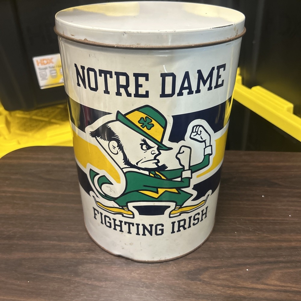 1990's Notre Dame Fighting Irish Metal Tin Can With Lid - 8" Tall